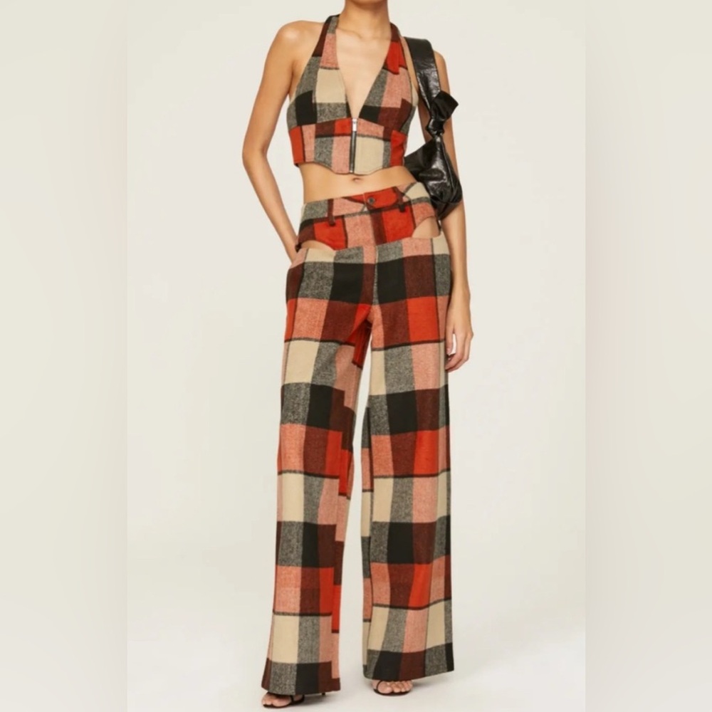 AFRM Plaid Willis Pants Womens 31 Wide Leg Cutout Hip Trousers Relaxed Multicolo